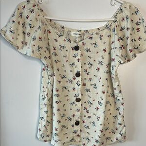 Monteau Cream Floral Button Front Top Linen Blend Cottagecore Size S